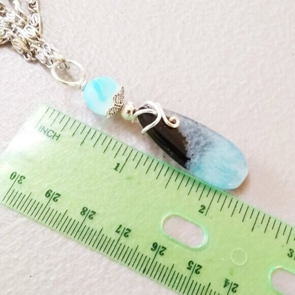 Seafoam! Aqua + Black Teardrop Agate Pendant + Ornate Chain - Boho Beachy Casual - Picture 5 of 7